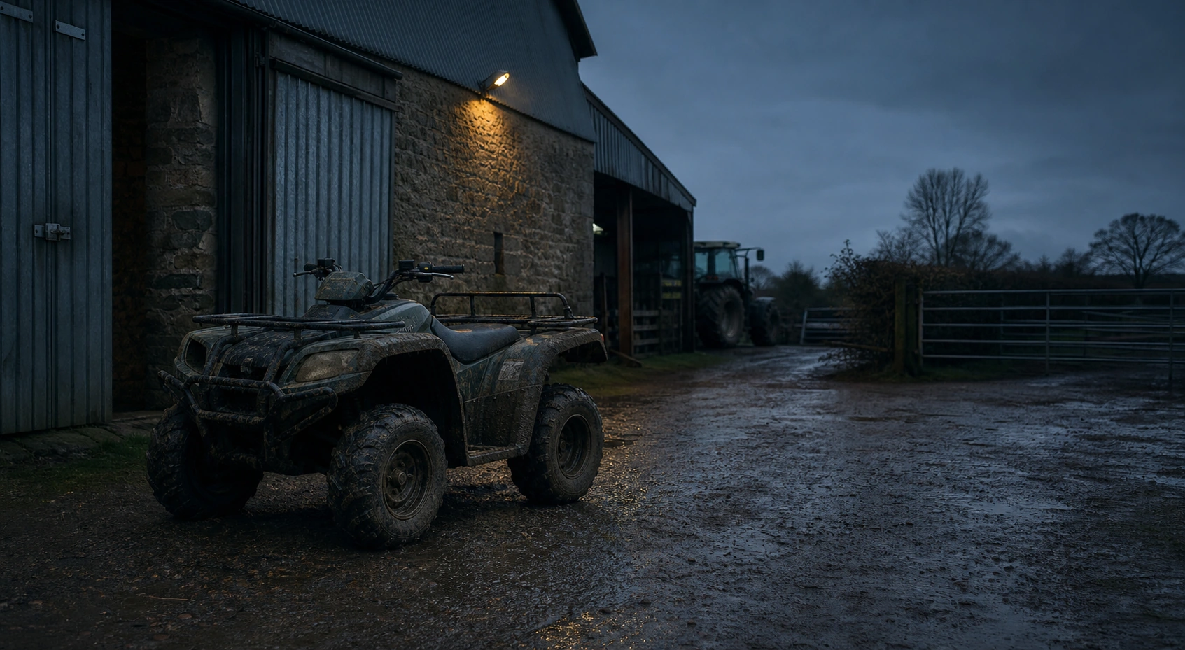 Muddy quad bike parked beside British farm buildings at dusk