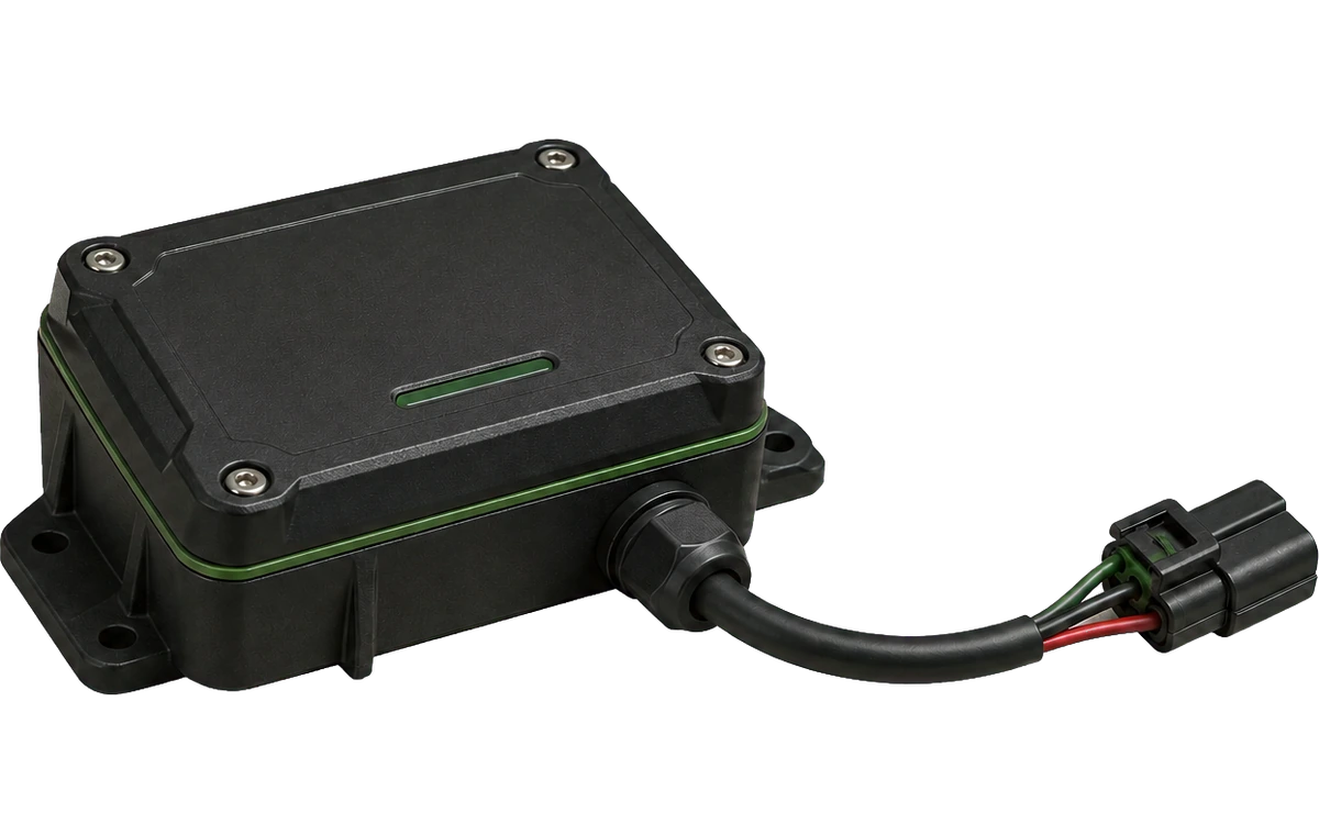 Illustrative concept render of a compact hardwired agricultural tracker with cable harness