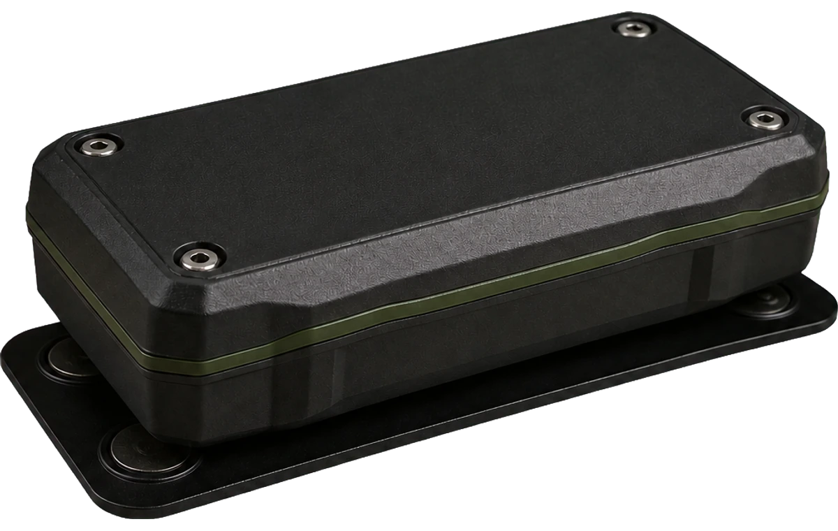 Illustrative concept render of a sealed battery-powered tracker on a magnetic mounting plate