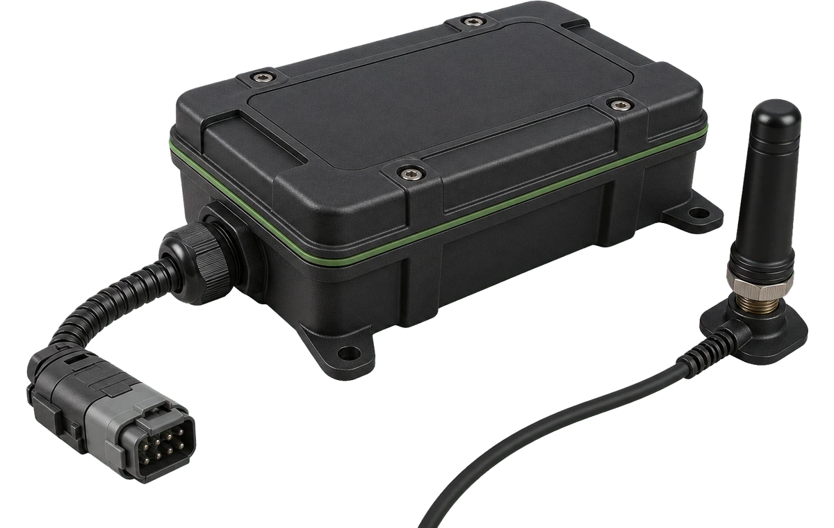 Illustrative concept render of a rugged extended-range tracker with external antenna and cable