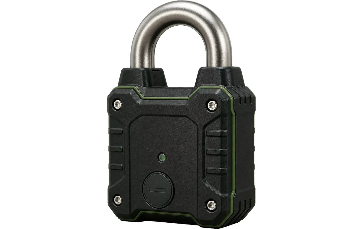 Illustrative concept render of a connected heavy-duty padlock with steel shackle