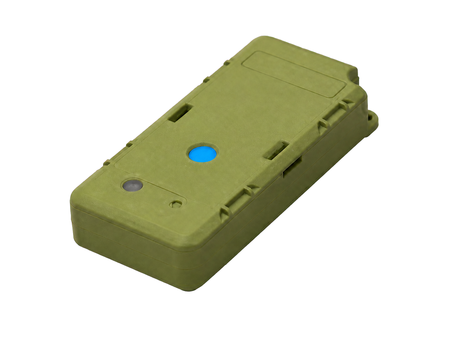 AN92 slim olive-green battery tracker with blue and grey status indicators
