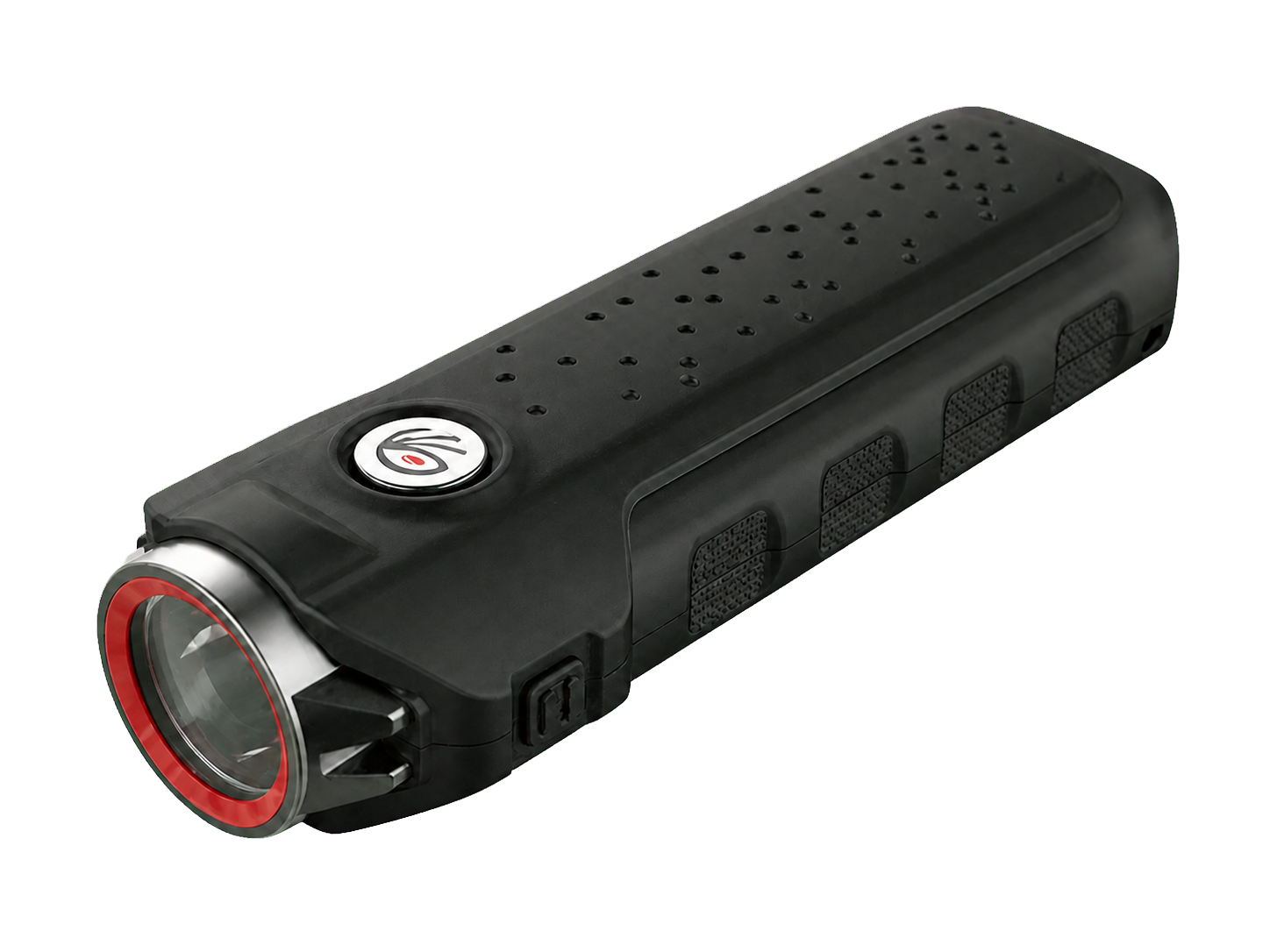 R3Di-S1 black personal-safety flashlight with red lens ring and SOS button